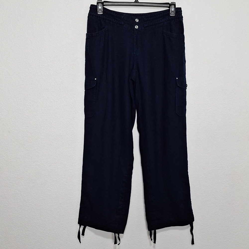 INC International Concepts Navy Blue Lagenlook 100% Linen Utility Cargo Pants 10